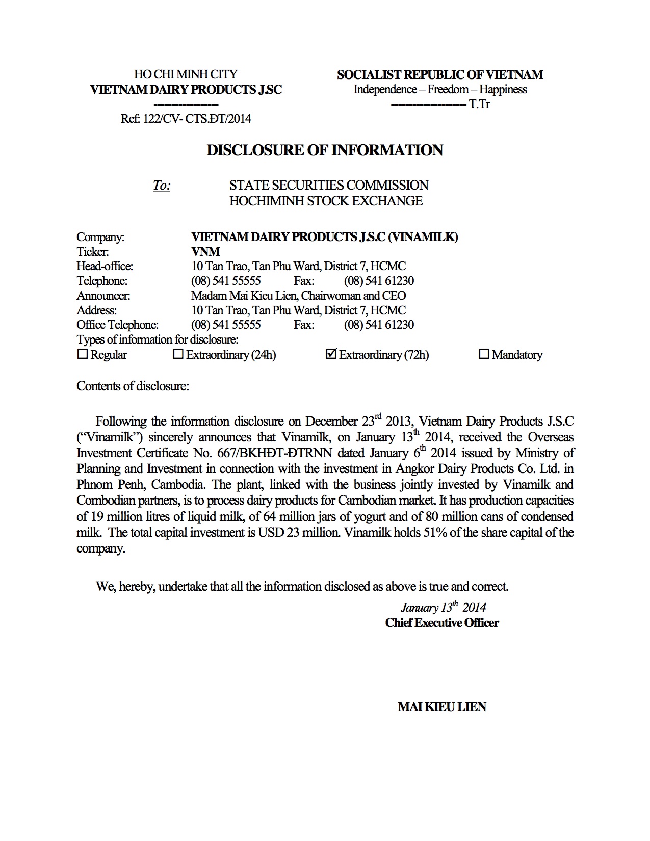 Disclosure of information Receiving the Overseas Investment Certificate in Cambodia 13/01/2014 1
