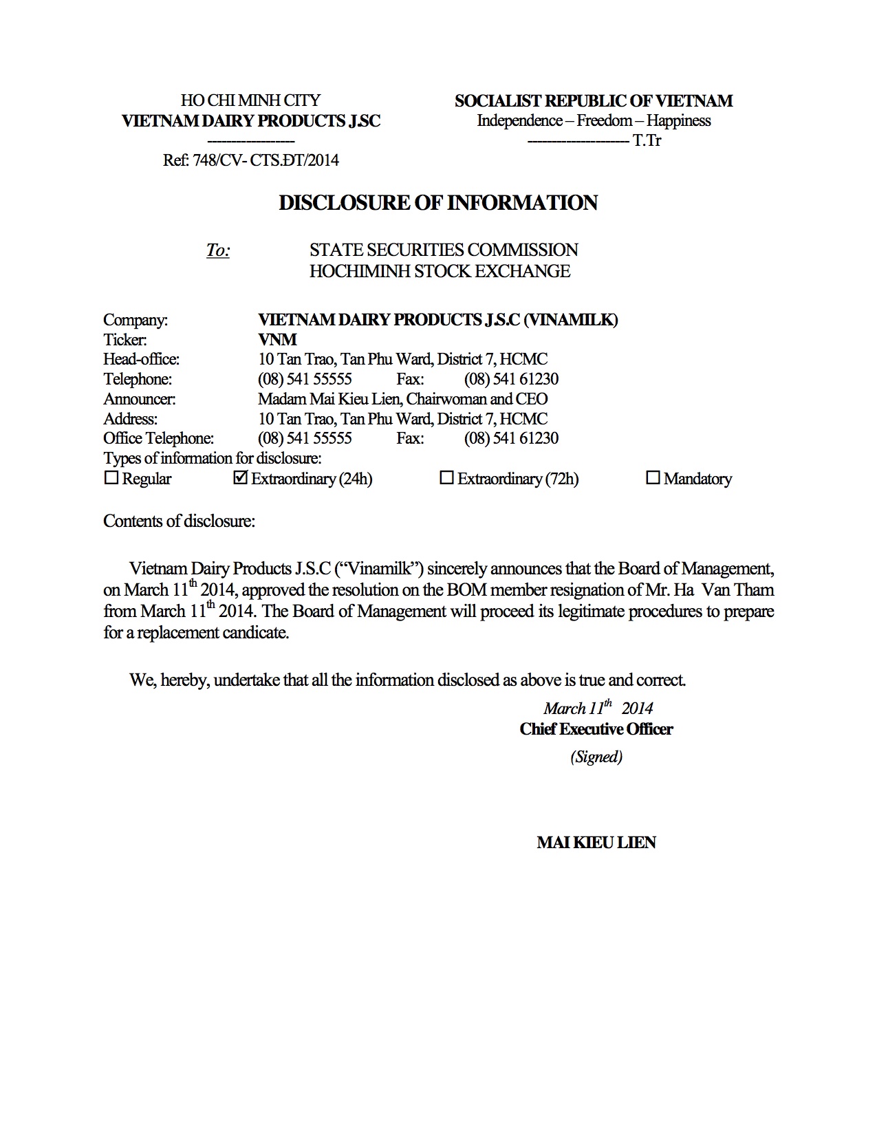 Disclosure of information Resignation of Mr Ha Van Tham 11/03/2014 1