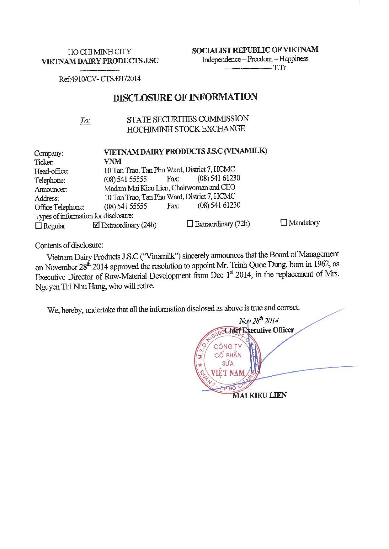 Vinamilk – Disclosure of Information – Appointment of Mr. Trinh Quoc Dung as Executive Director of Raw-Material Development in the replacement of Mrs. Nguyen Thi Nhu Hang 1
