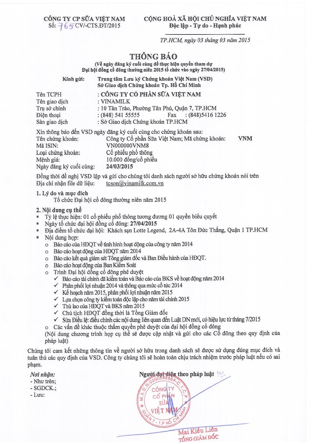 Công văn chốt danh sách cổ đông: Đại hội thường niên 2015 1