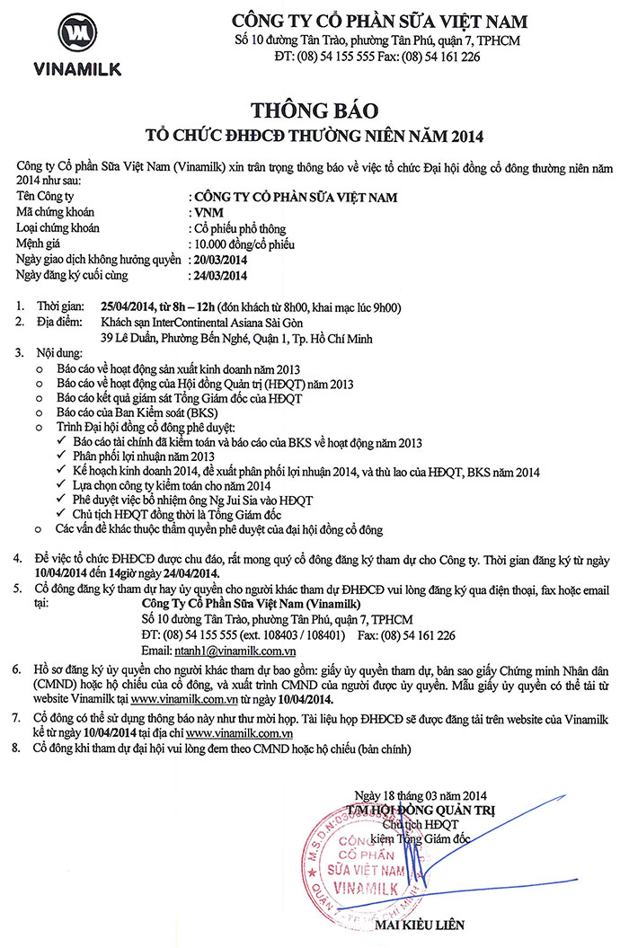 Thông báo tổ chức ĐHĐCĐ thường niên năm 2014 1