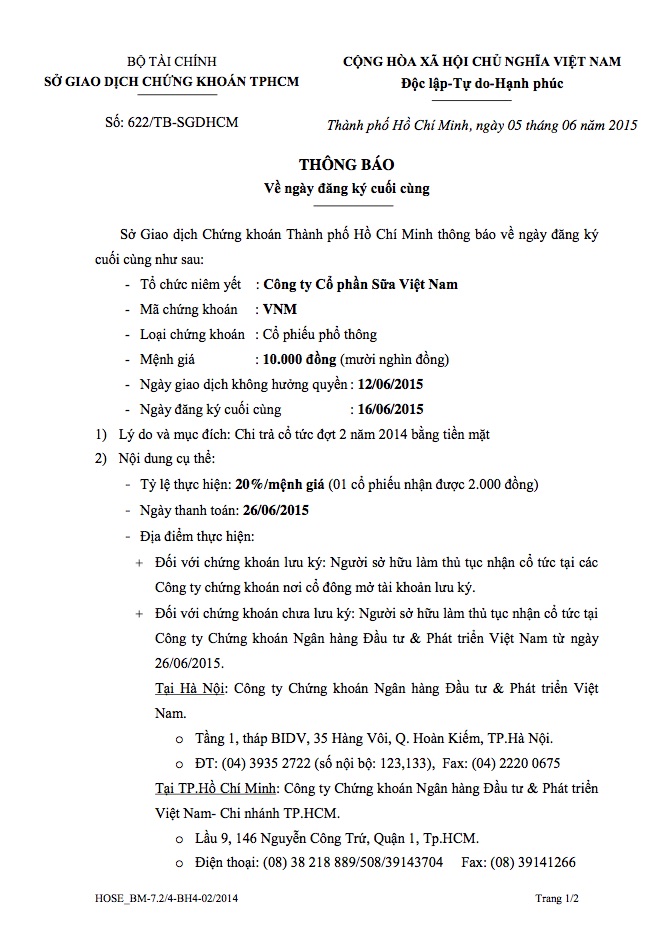 Thông báo Ngày đăng ký cuối cùng trả cổ tức đợt 2 năm 2014 1