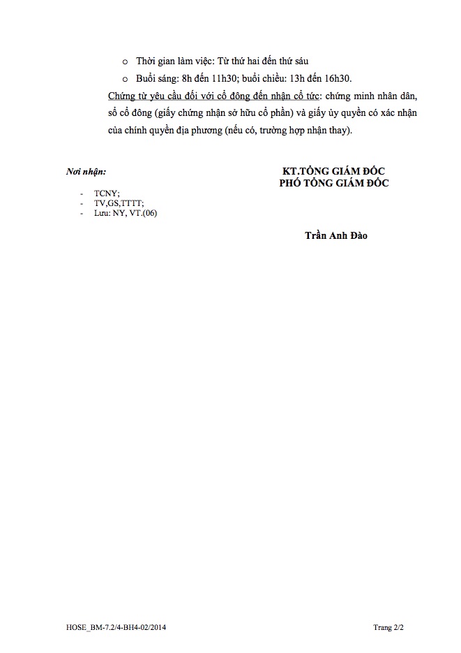 Thông báo Ngày đăng ký cuối cùng trả cổ tức đợt 2 năm 2014 2