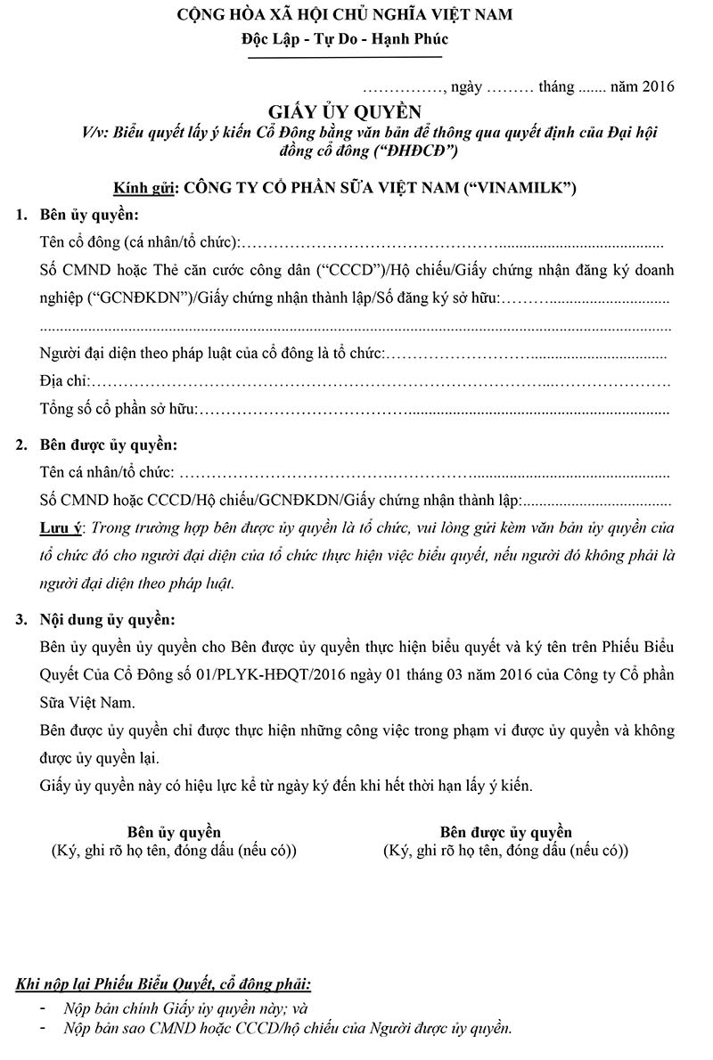 Thông báo về tài liệu lấy ý kiến cổ đông bằng văn bản 2016 5