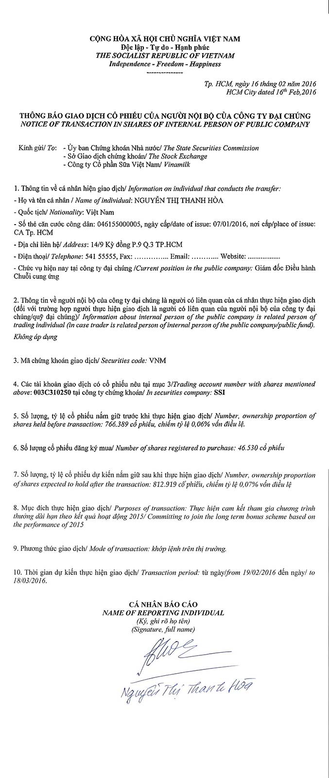 Vinamilk thông báo giao dịch cổ phiếu của người nội bộ của công ty đại chúng -Nguyễn Thị Thanh Hòa 1