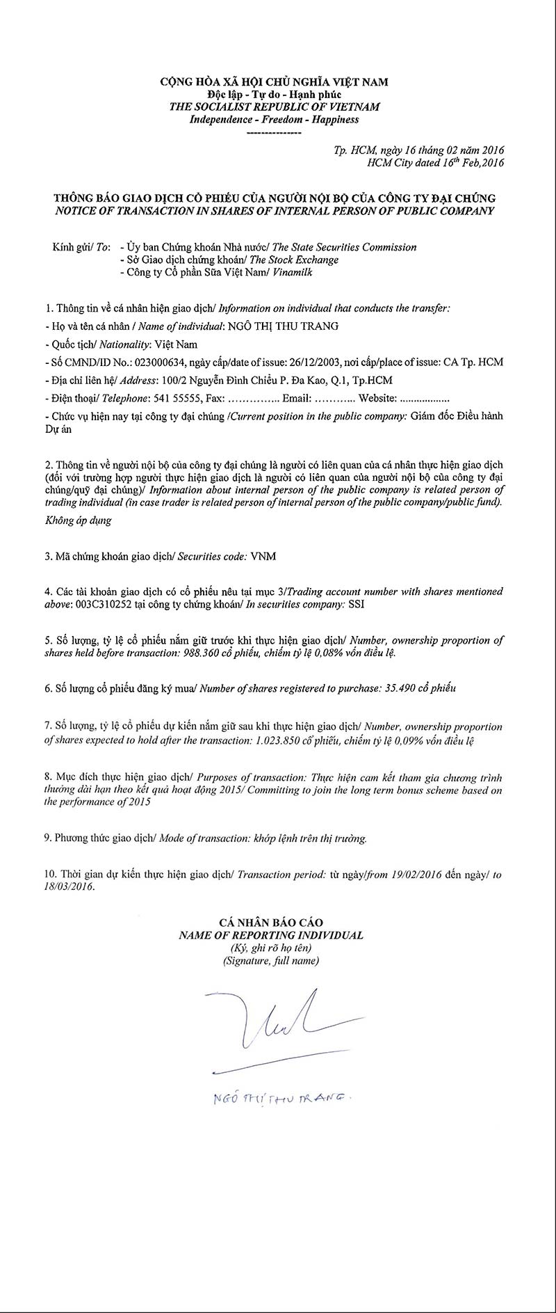 Vinamilk thông báo giao dịch cổ phiếu của người nội bộ của công ty đại chúng - Ngô Thị Thu Trang 1