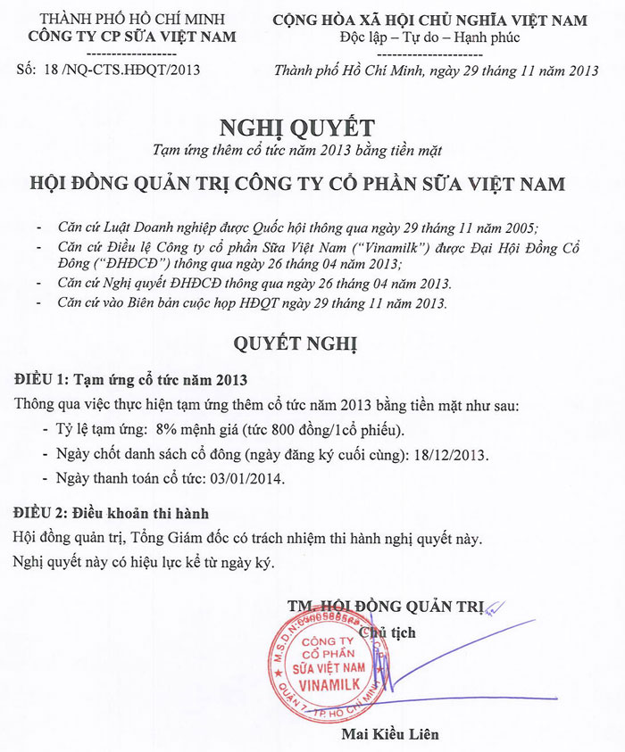 Nghị quyết tạm ứng thêm cổ tức năm 2013 bằng tiền mặt 29/11/2013 1
