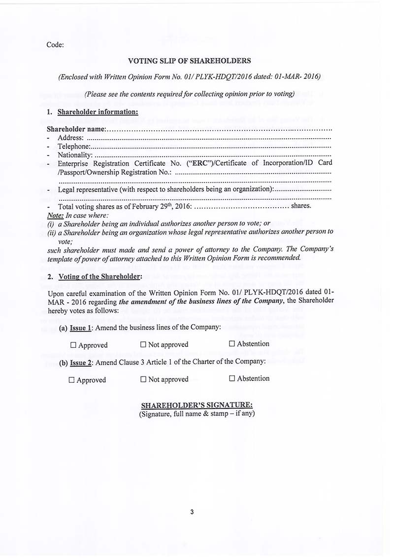 Disclosure of documents regarding to the vote in writing 2016 3