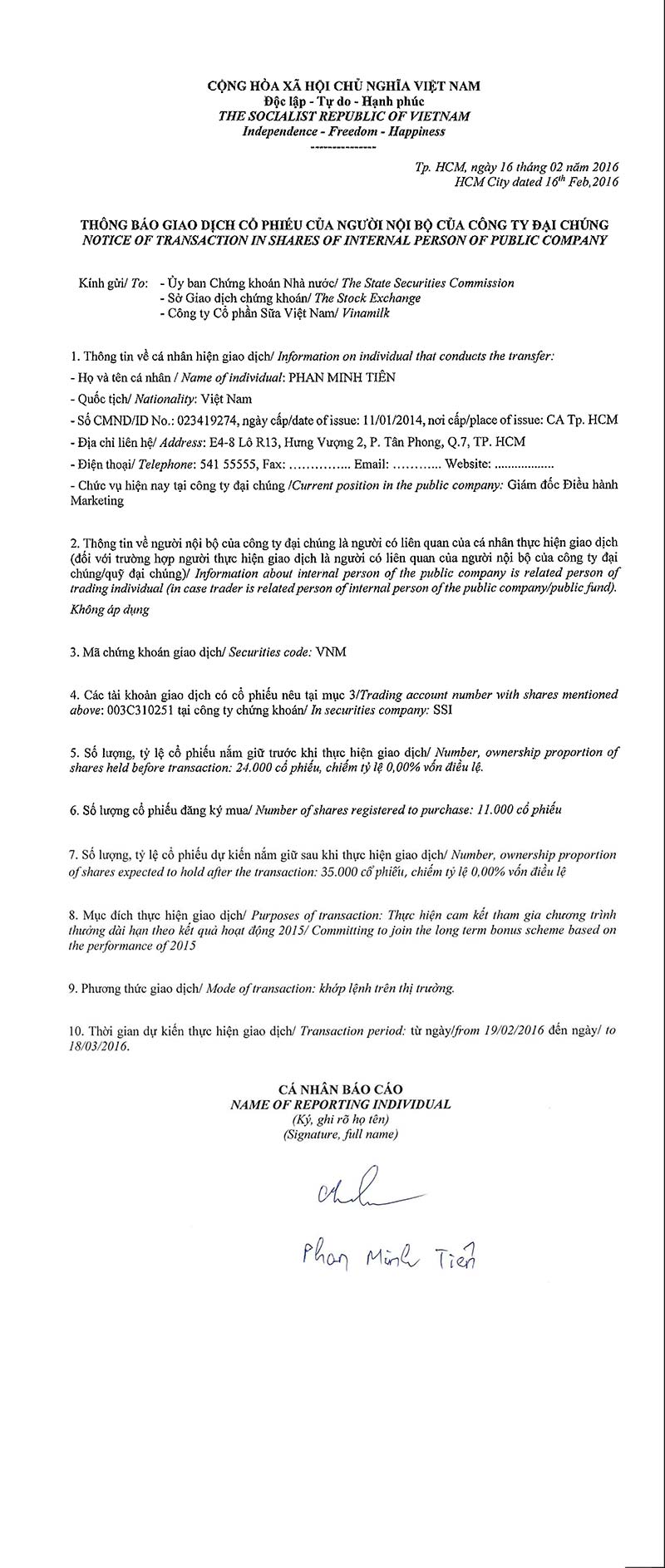 Notice of transaction in shares of internal person of public company - Phan Minh Tien 1