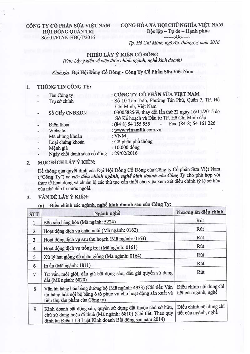 Thông báo về tài liệu lấy ý kiến cổ đông bằng văn bản 2016 1