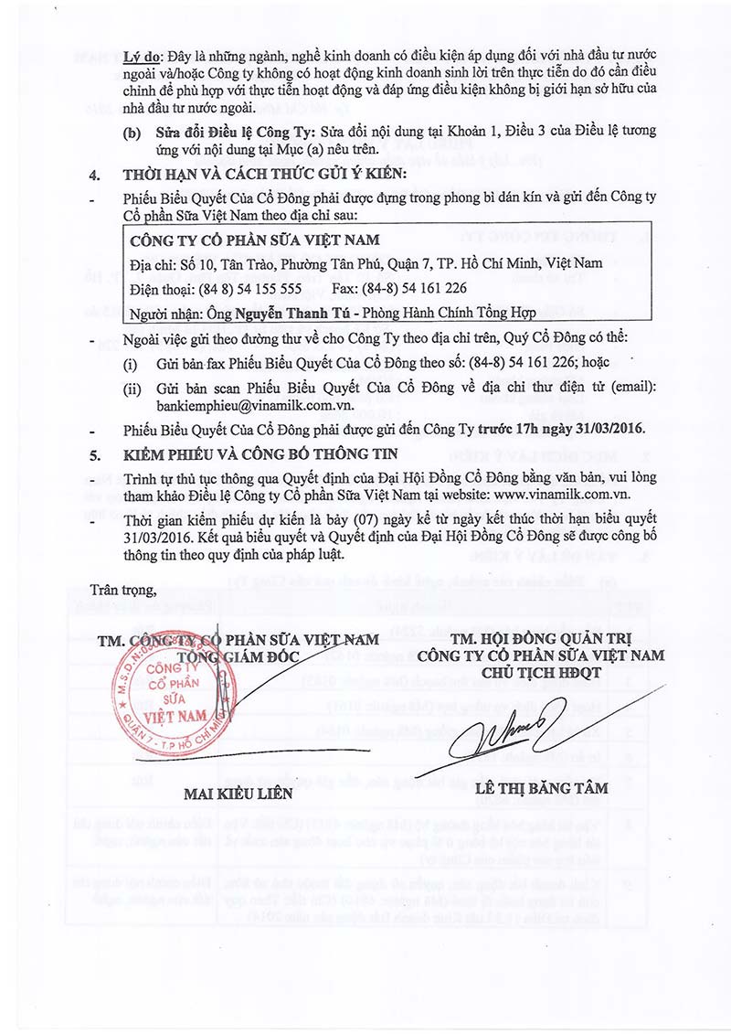 Thông báo về tài liệu lấy ý kiến cổ đông bằng văn bản 2016 2