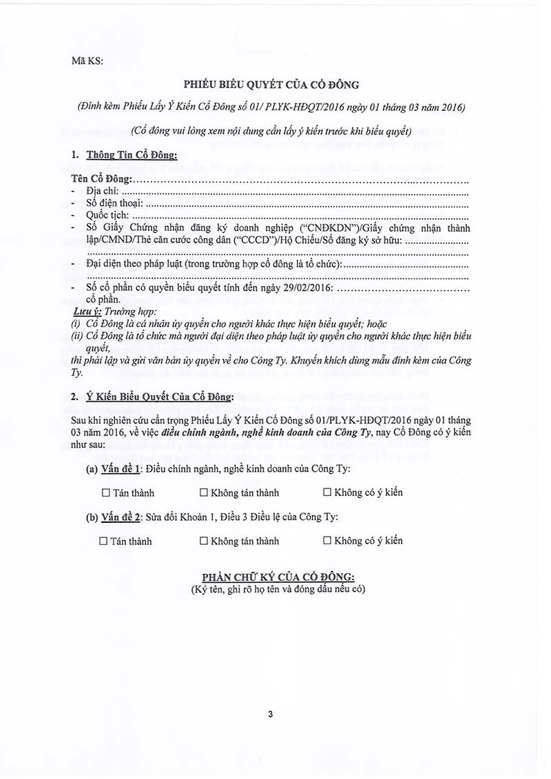 Thông báo về tài liệu lấy ý kiến cổ đông bằng văn bản 2016 3