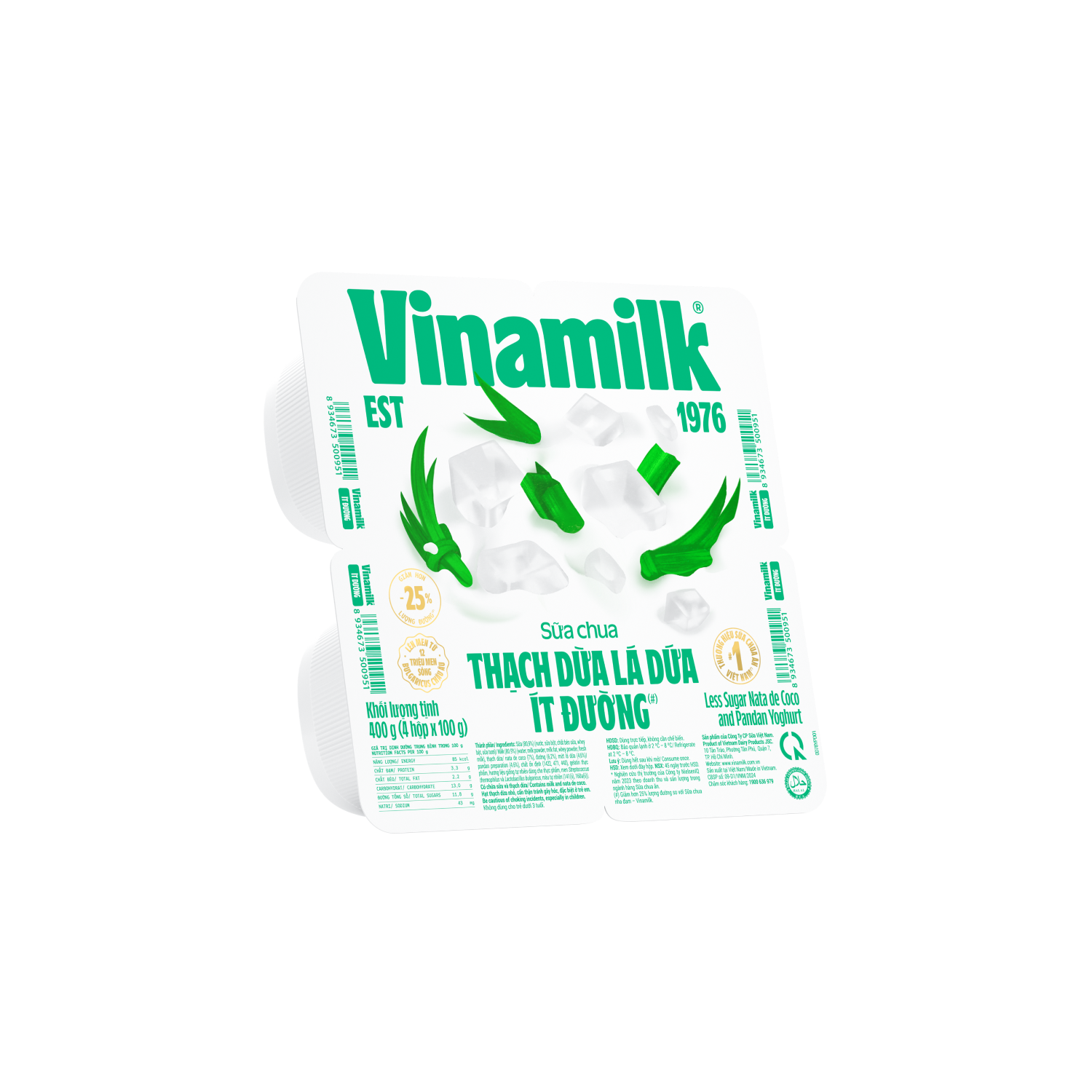 Sữa chua ăn Vinamilk Thạch Dừa Lá Dứa ít đường 100g