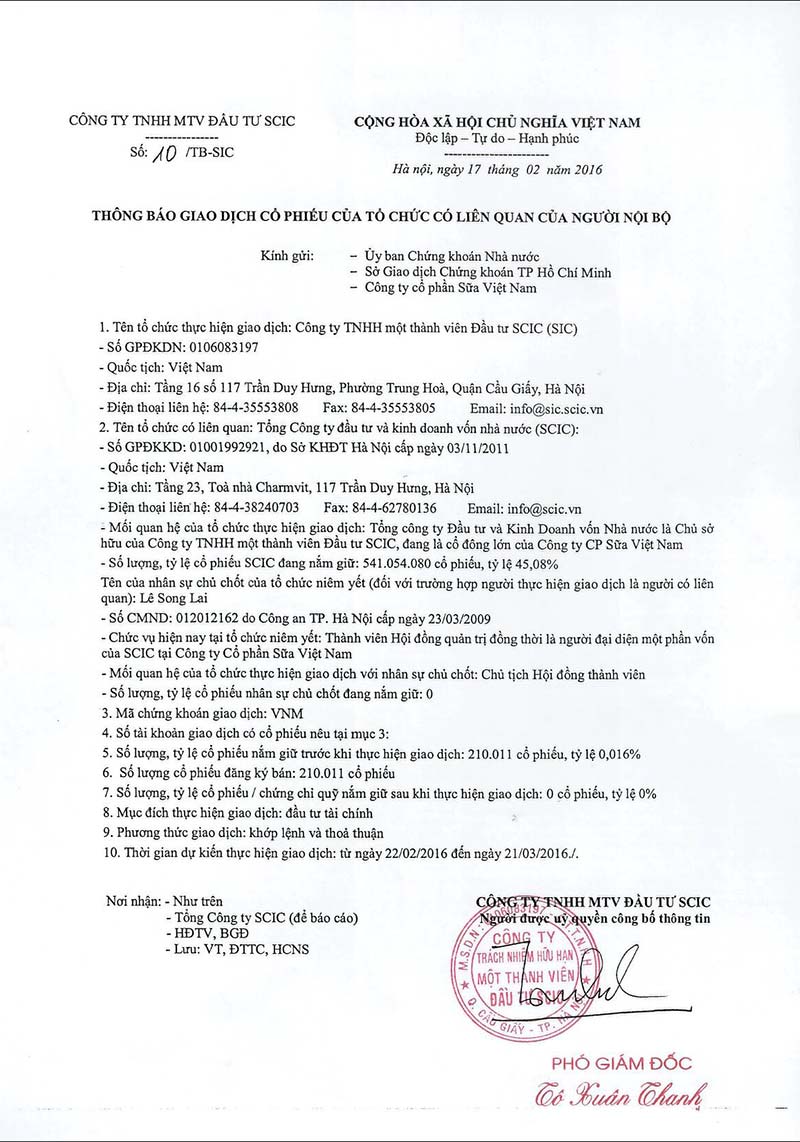 Báo cáo kết quả giao dịch của Người nội bộ (SCIC) (bổ sung) 1