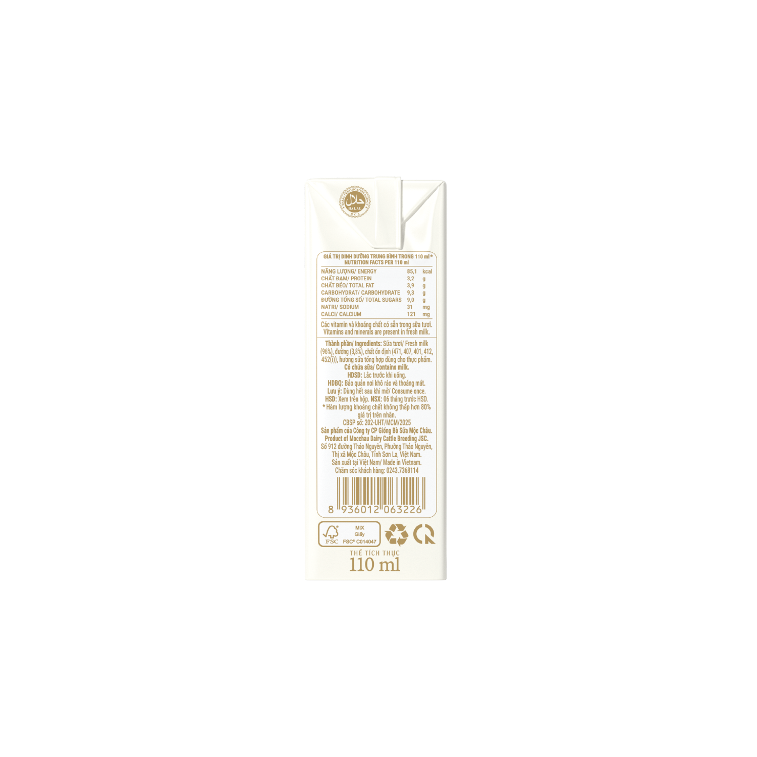 Sữa tươi tiệt trùng Mộc Châu Creamery Có đường 110ml