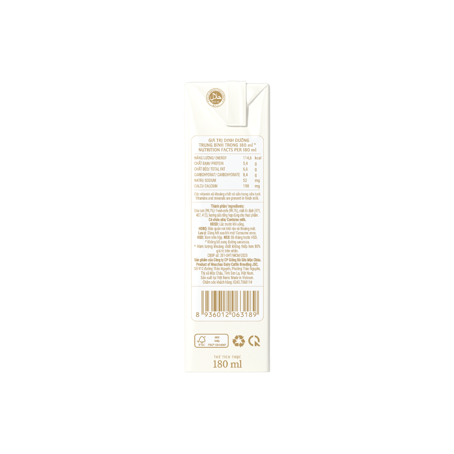Sữa tươi tiệt trùng Mộc Châu Creamery Có đường 180ml