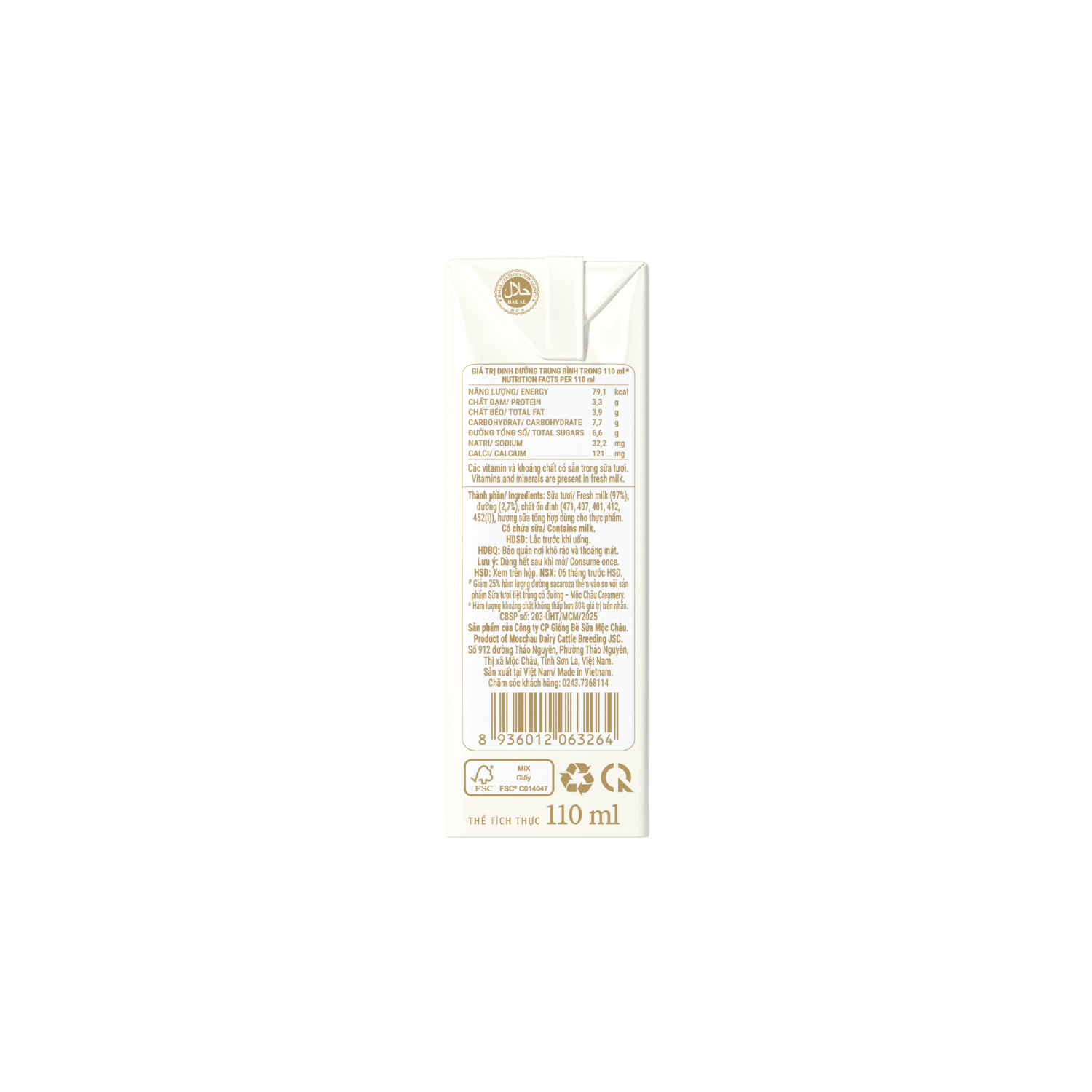 Sữa tươi tiệt trùng Mộc Châu Creamery Ít đường 110ml