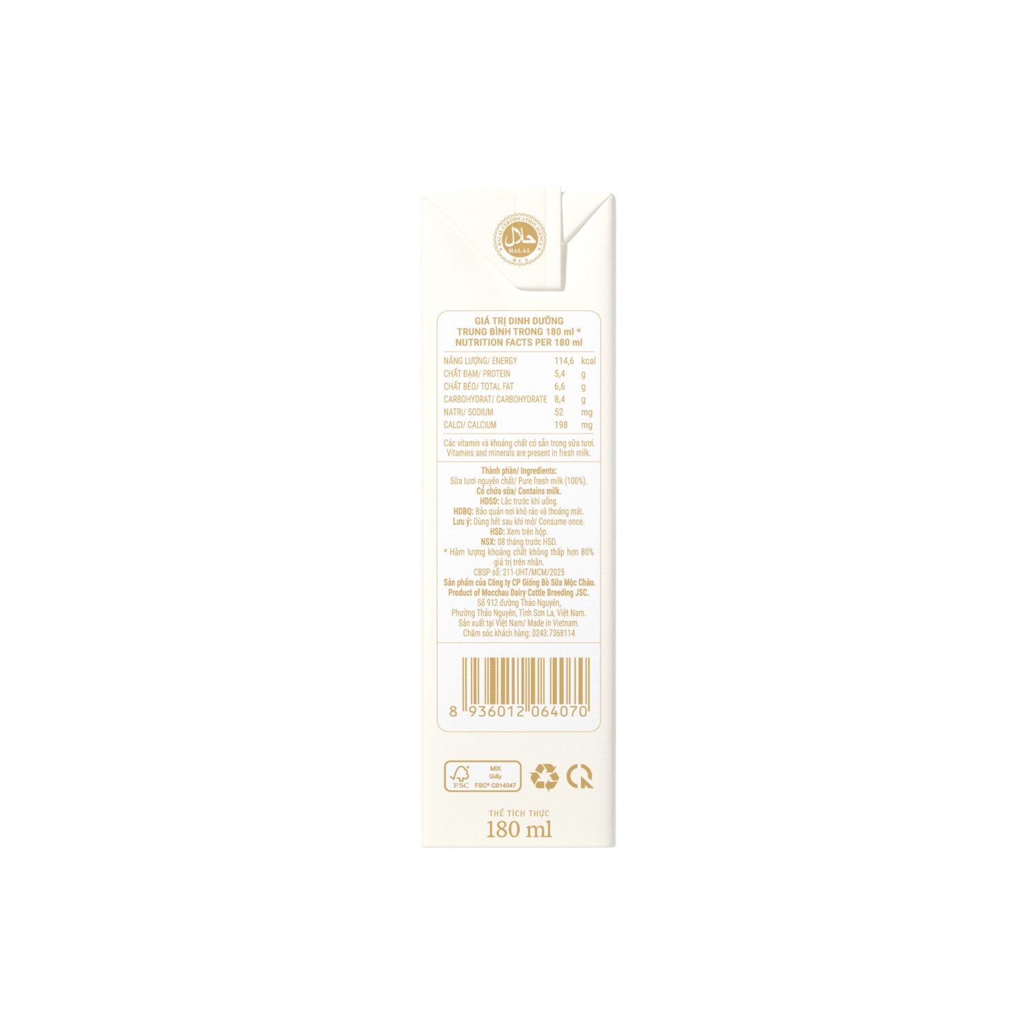 Sữa tươi tiệt trùng Mộc Châu Creamery Nguyên chất 180ml