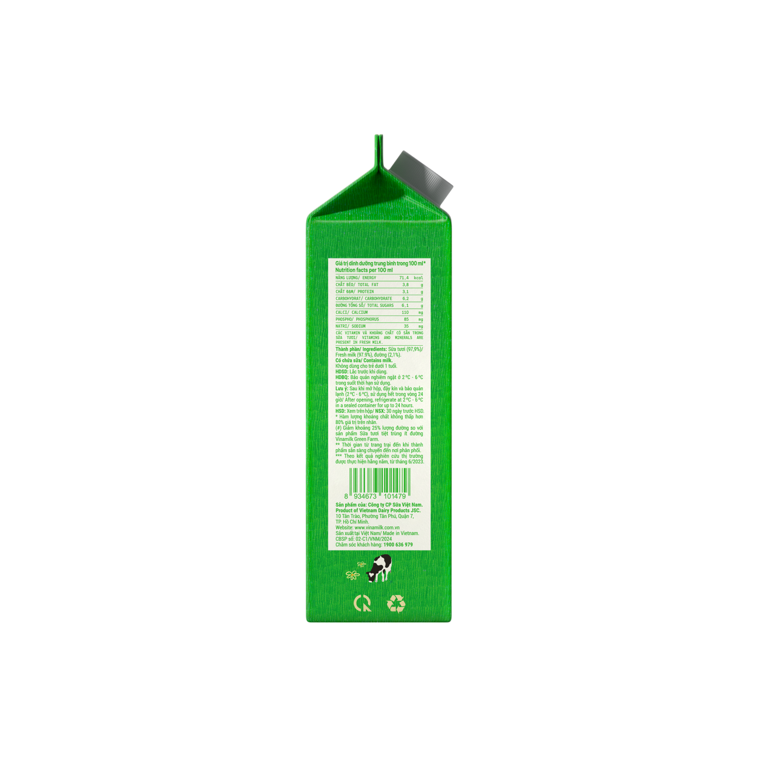 Sữa tươi thanh trùng Green Farm Rất ít đường 900ml