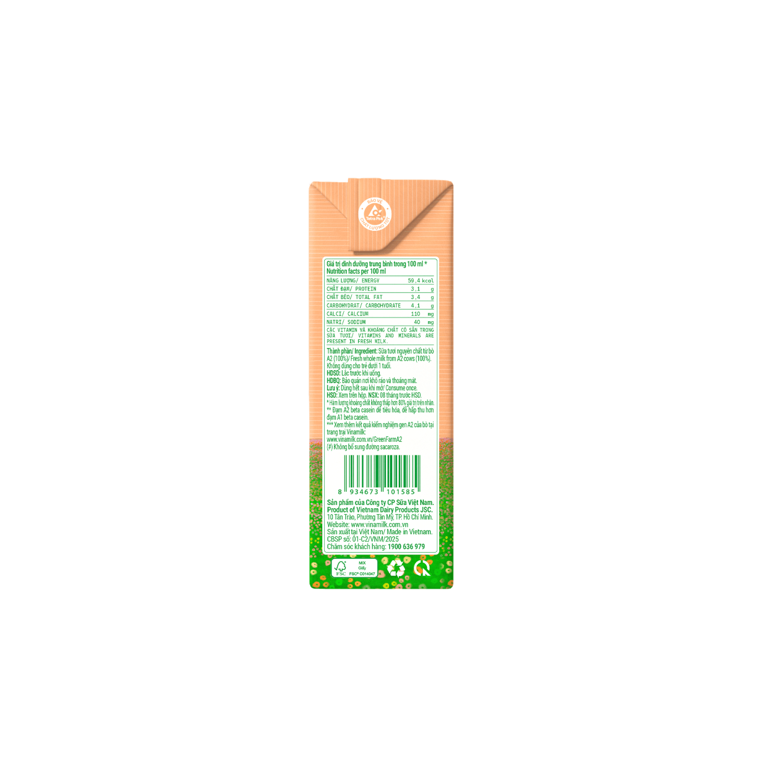 Sữa tươi tiệt trùng Green Farm A2 không đường 110ml