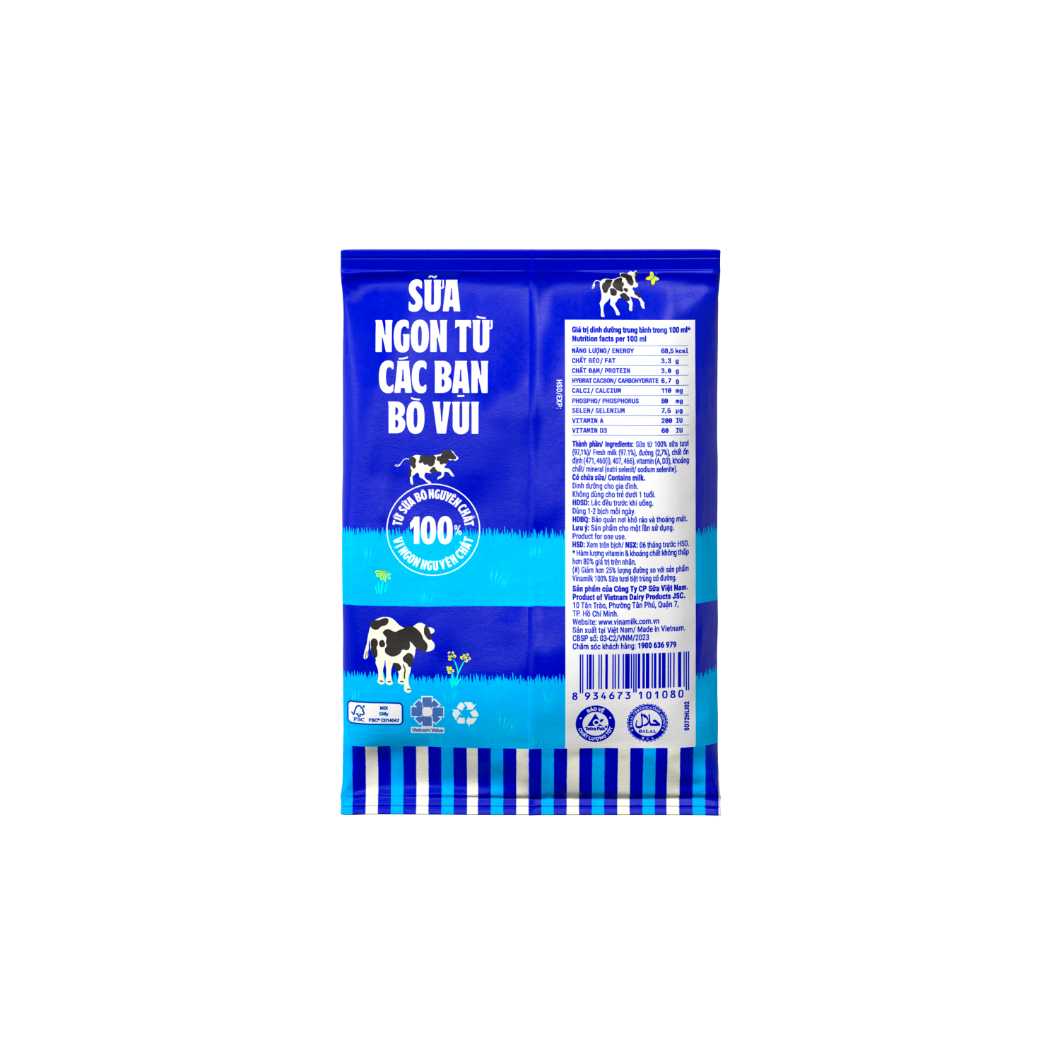 Sữa tươi tiệt trùng 100% Ít đường 220ml