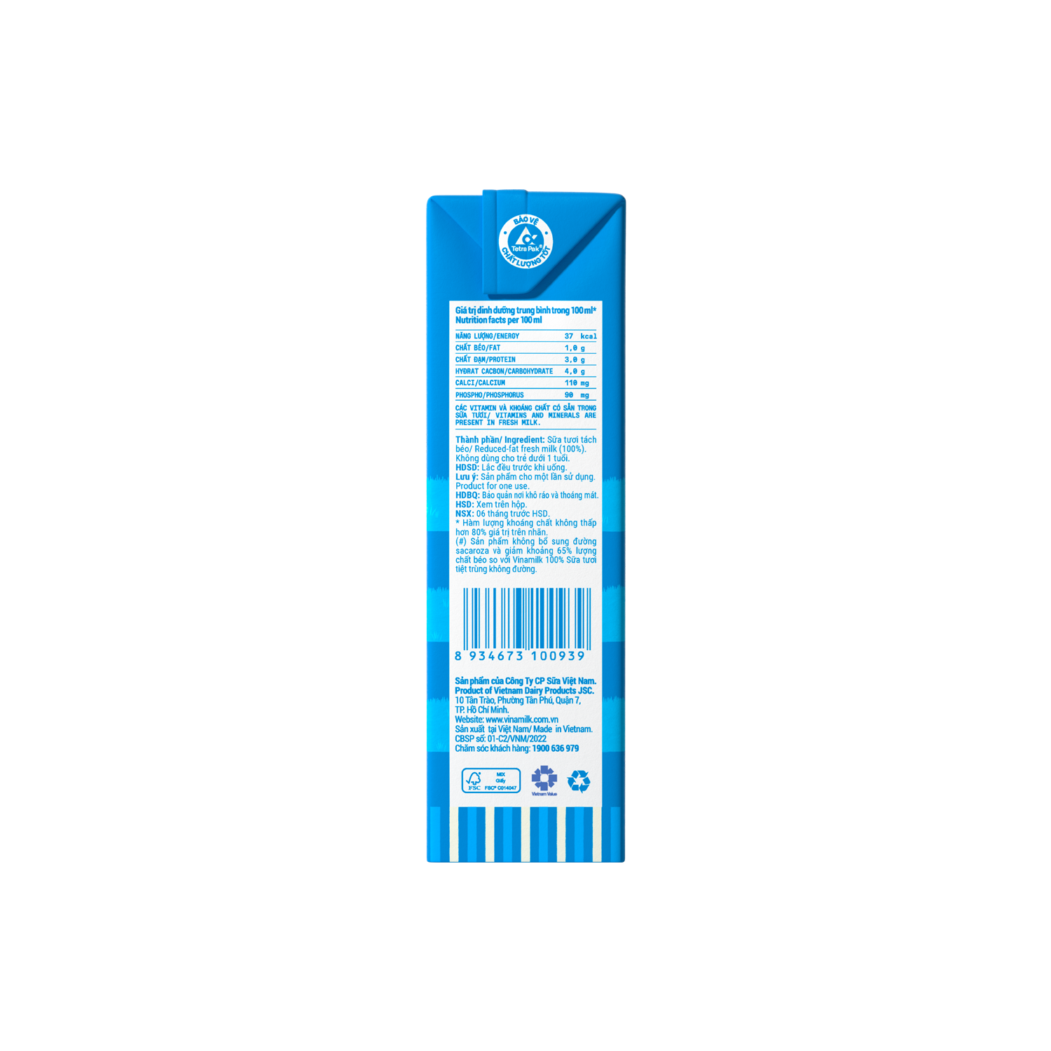 Sữa tươi tiệt trùng 100% Tách béo Không đường 180ml