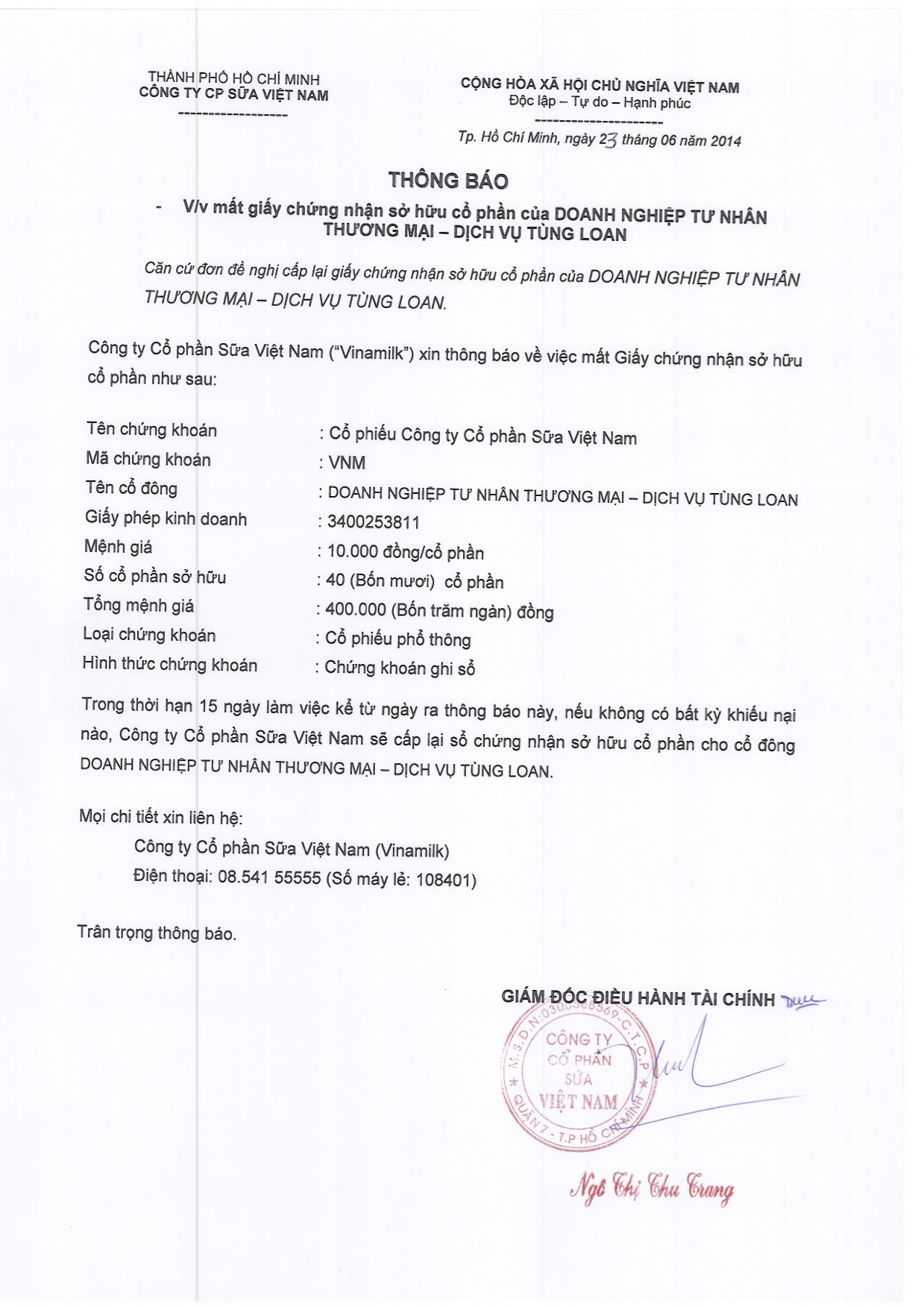 Thông báo về việc Mất giấy chứng nhận sở hữu cổ phần của Doanh nghiệp tư nhân Thương mại - Dịch vụ Tùng Loan 1