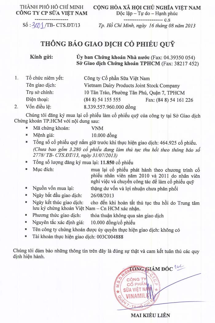 Thông báo giao dịch cổ phiếu quỹ 16/08/2013 1