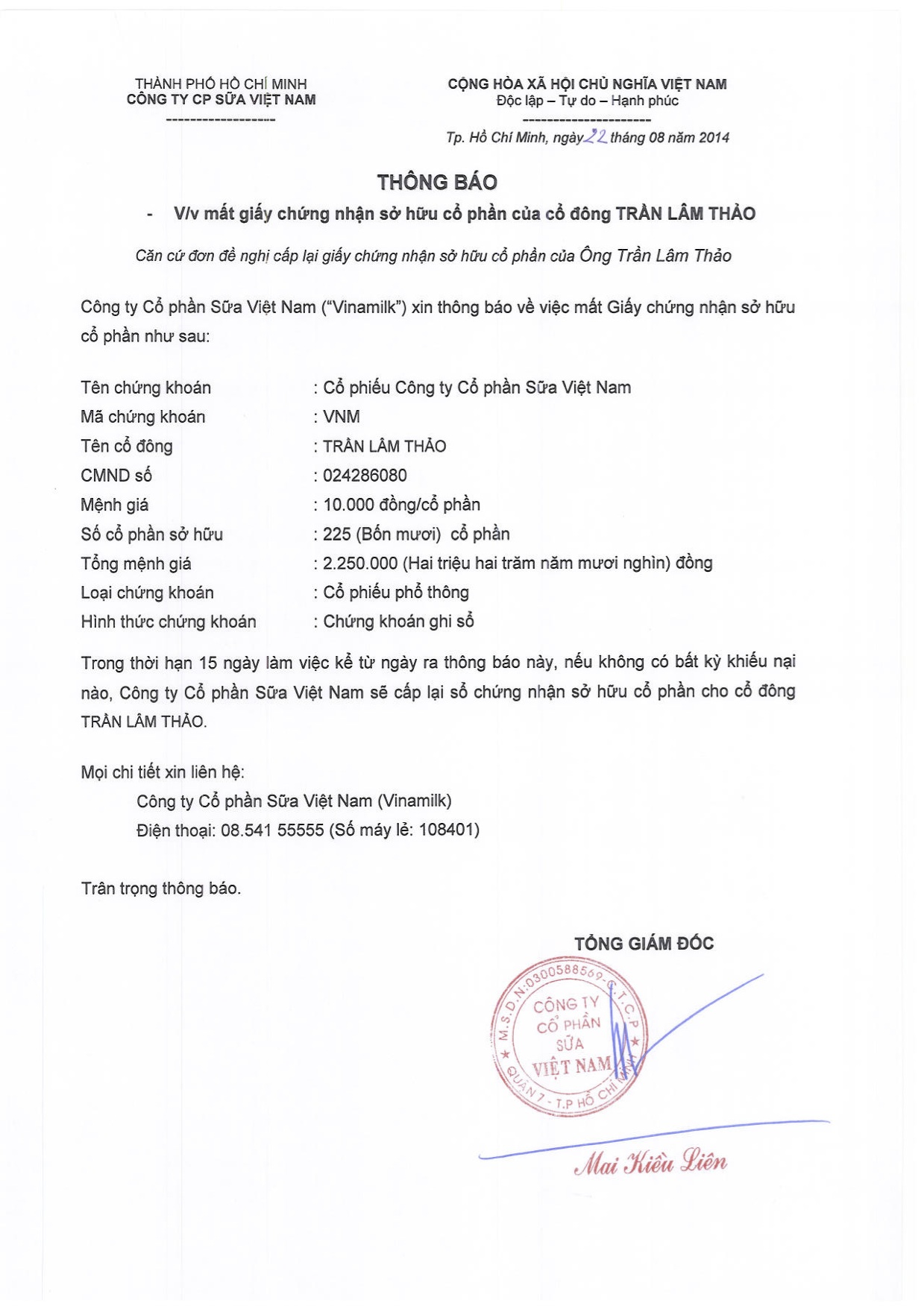 Thông báo về việc mất giấy chứng nhận cổ phần của cổ đông Trần Lâm Thảo 22/08/2014 1