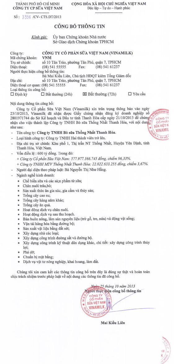 Công bố thông tin - Thành lập công ty TNHH Thống Nhất Thanh Hóa 25/10/2013 1