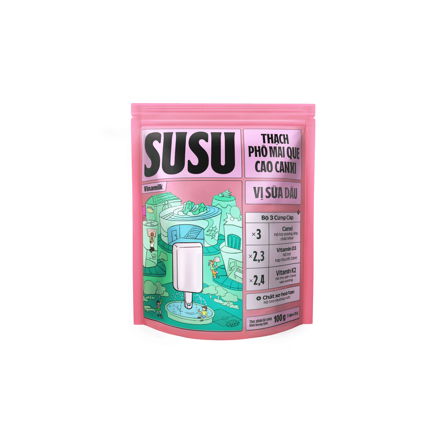 Thạch phô mai que SuSu Vị Sữa Dâu 100g Thùng 24 túi