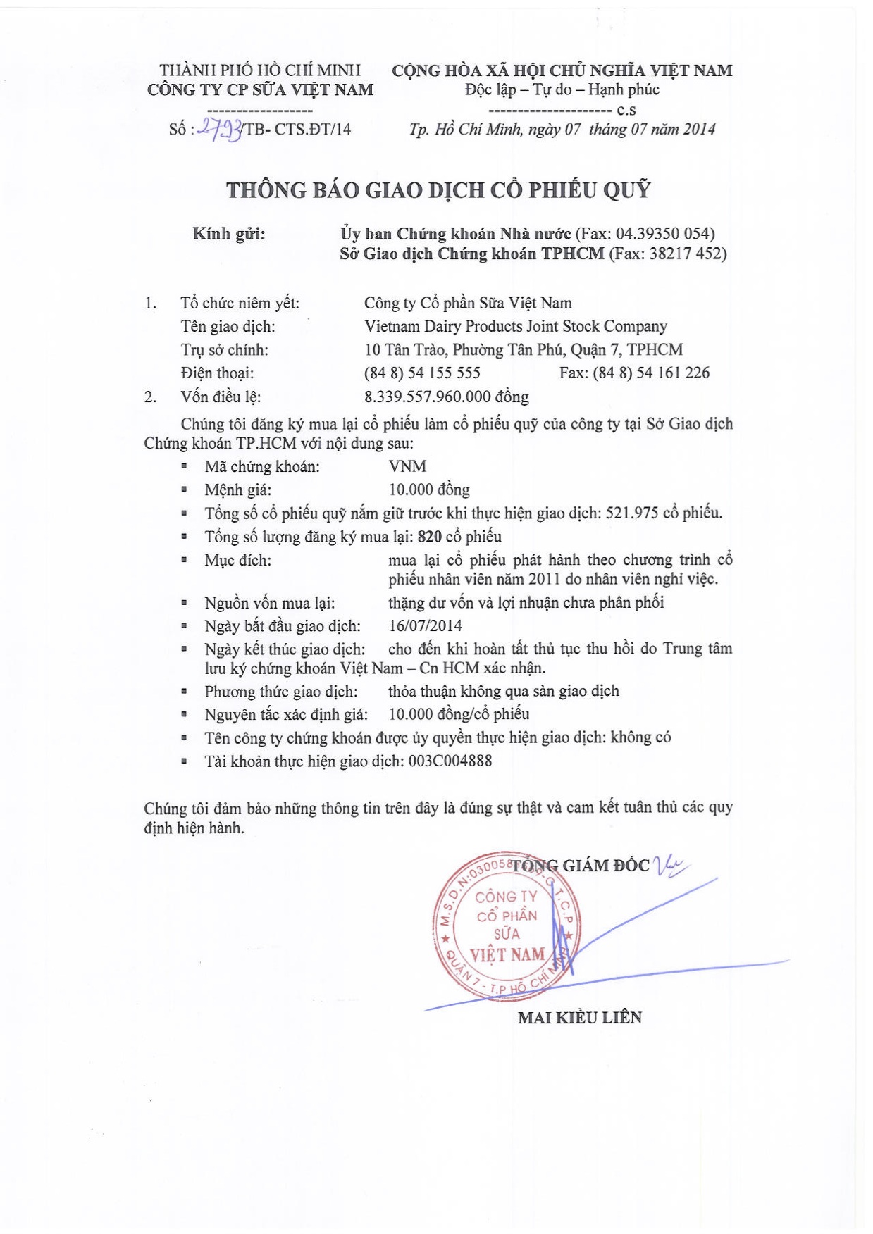 Thông báo giao dịch cổ phiếu Quỹ 07/07/2014 1