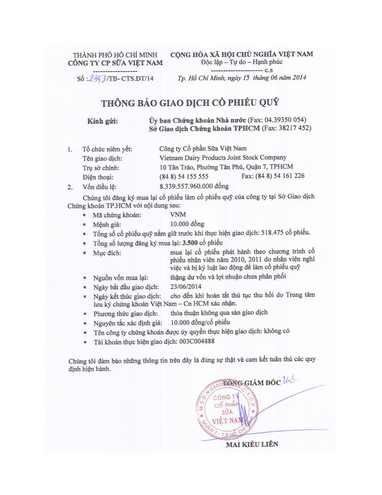 Thông báo giao dịch cổ phiếu Quỹ 13/06/2014 1