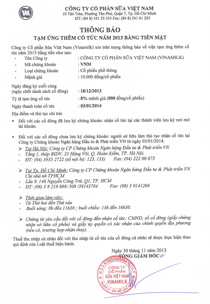 Thông báo Tạm ứng thêm cổ tức năm 2013 bằng tiền mặt 30/11/2013 1