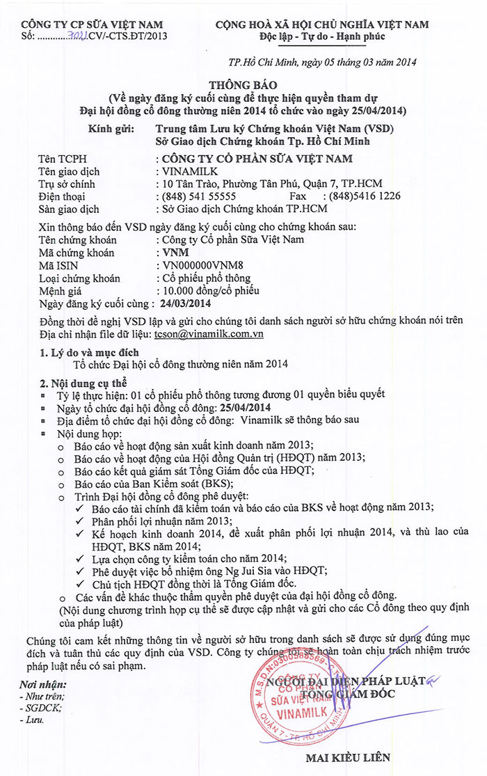 Thông báo về ngày đăng ký cuối cùng để thực hiện tham dự Đại Hội Đồng Cổ Đông 05/03/2014 1