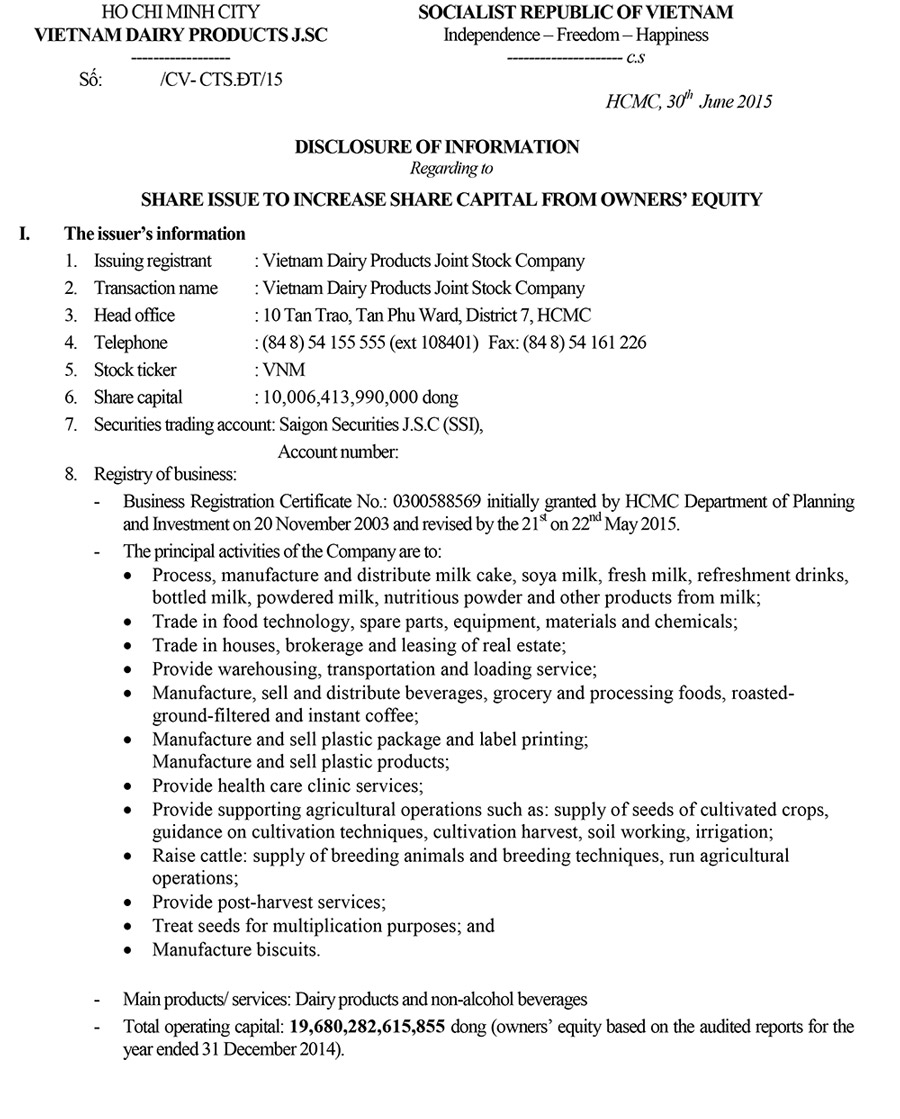Disclosure of information regarding to share issue to increase share capital from owners’ equity 1