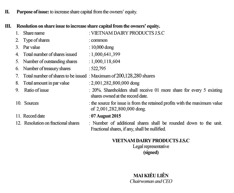 Disclosure of information regarding to share issue to increase share capital from owners’ equity 2