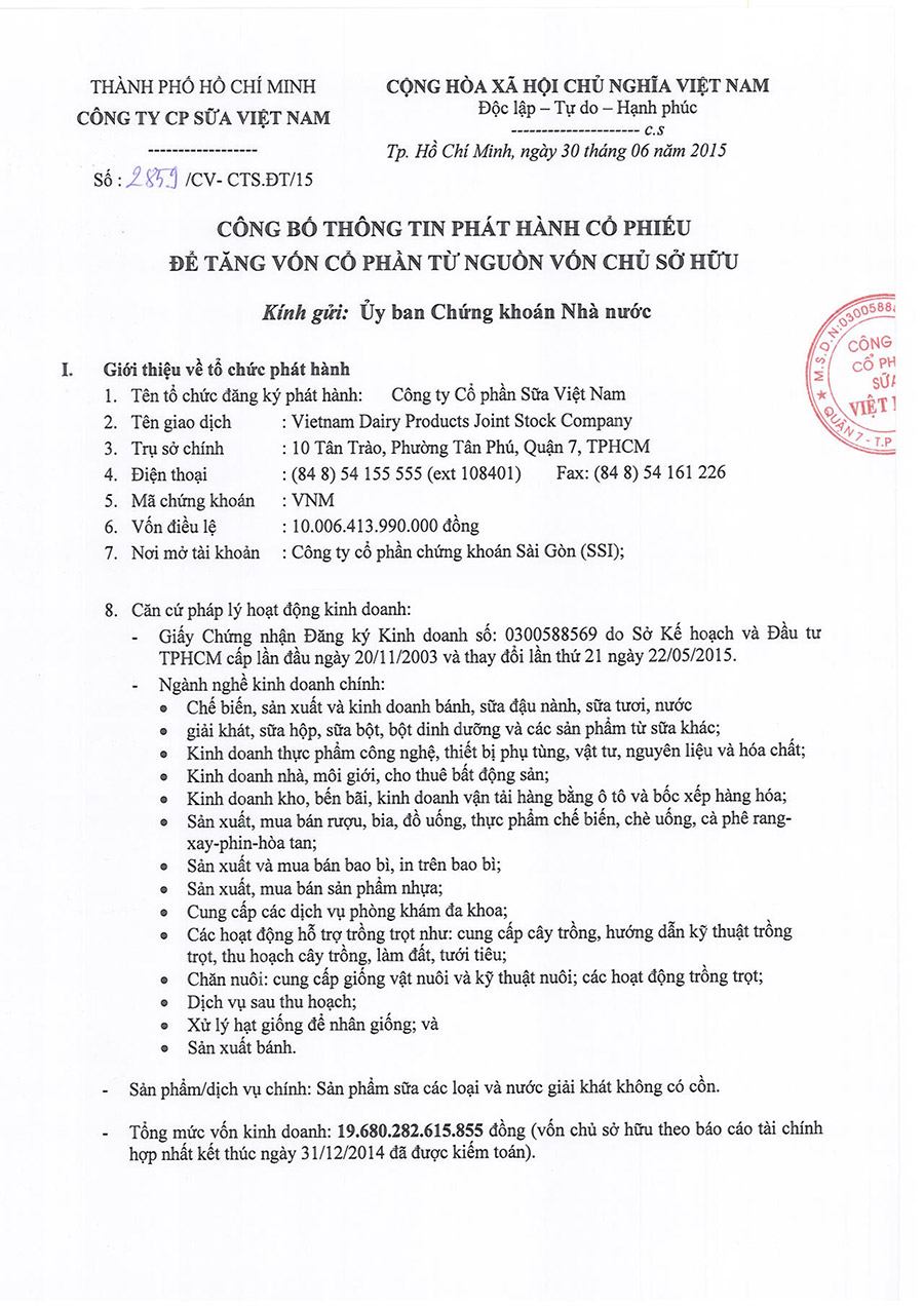 Công bố thông tin phát hành cổ phiếu để tăng vốn cổ phần từ nguồn vốn chủ sở hữu 1