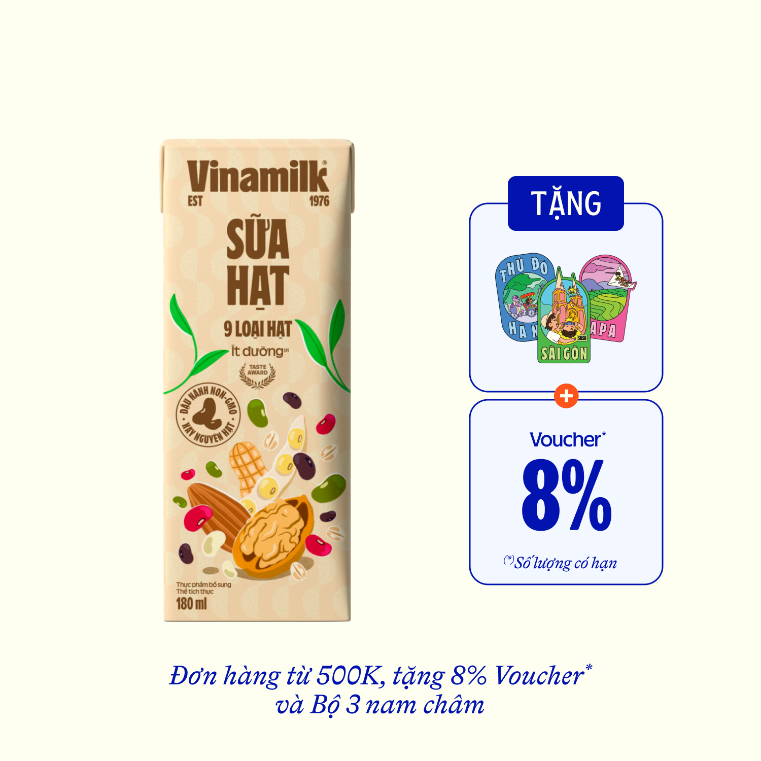 Nut Milk Vinamilk Less Sugar 9 Seeds 180ml Carton of 24 Boxes (6 Packs)