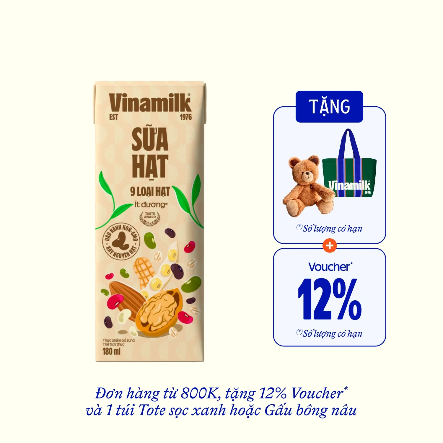 Sữa hạt Vinamilk 9 loại hạt Ít đường 180ml Thùng 24 hộp (6 lốc)
