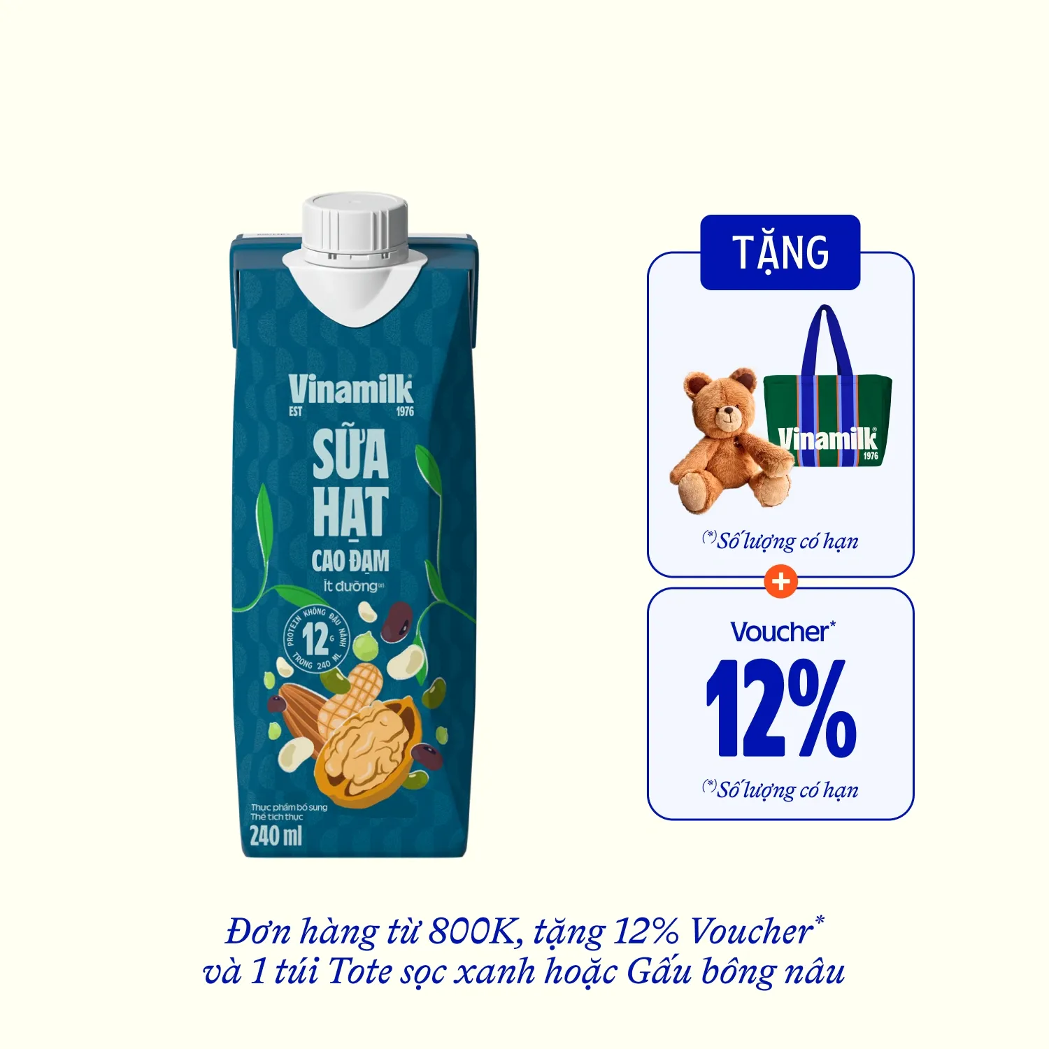 Sữa hạt Vinamilk Cao Đạm ít đường 240ml