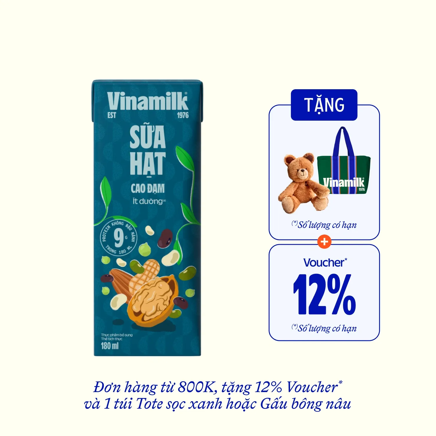 Sữa hạt Vinamilk Cao Đạm ít đường 180ml Thùng 24 hộp