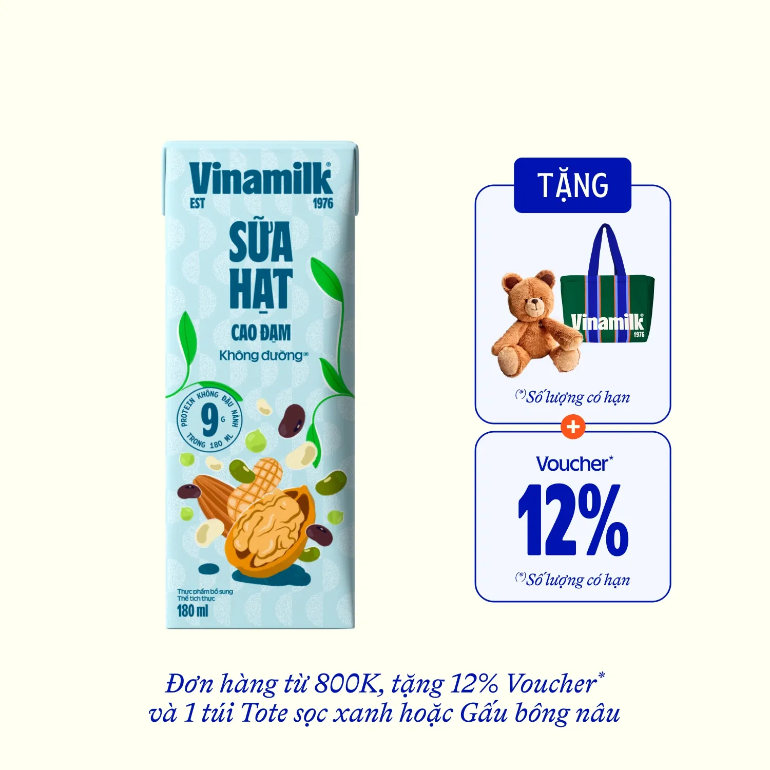Sữa hạt Vinamilk Cao đạm không đường 180ml Thùng 24 hộp