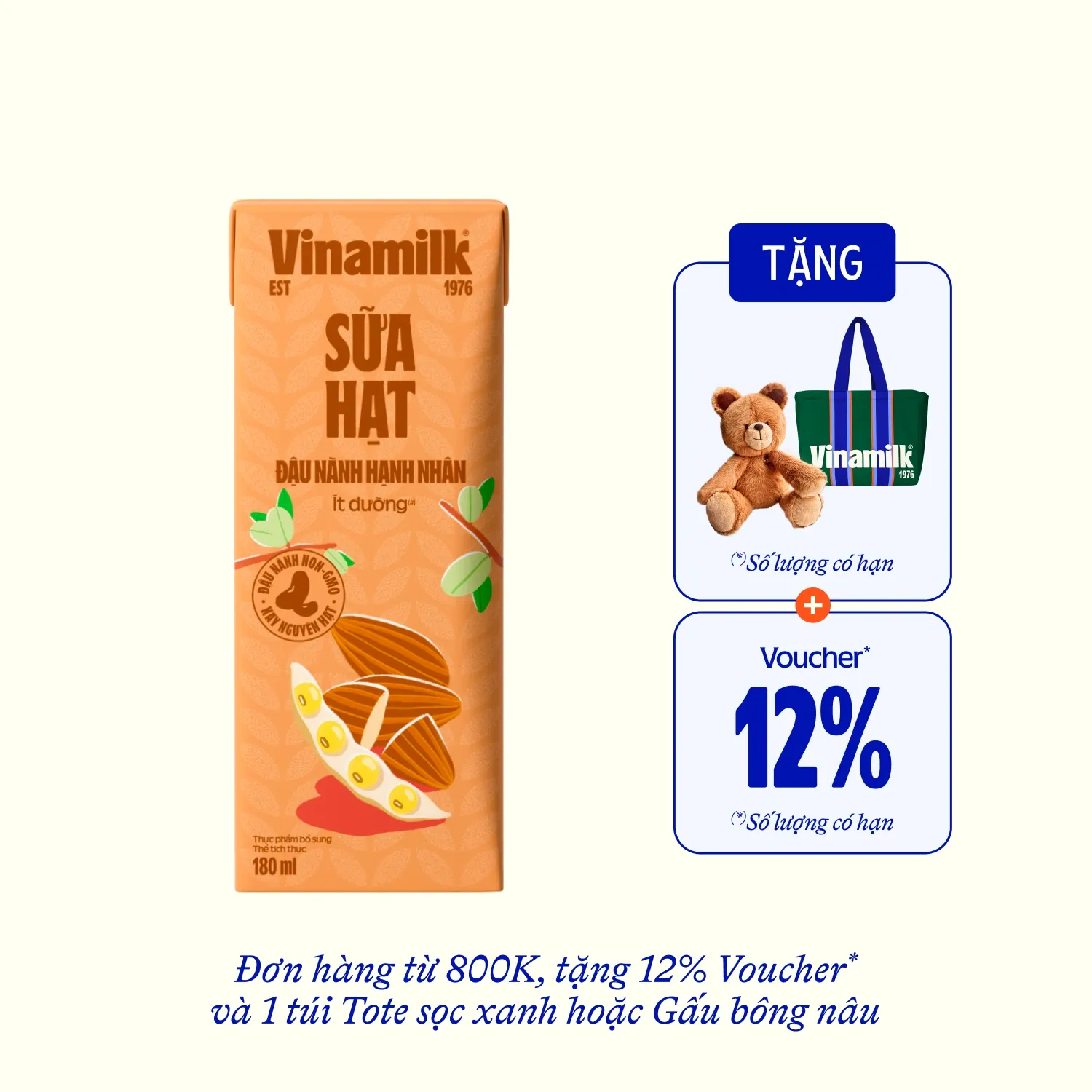 Nut Milk Vinamilk Soy & Almond 180ml Carton of 48 Boxes