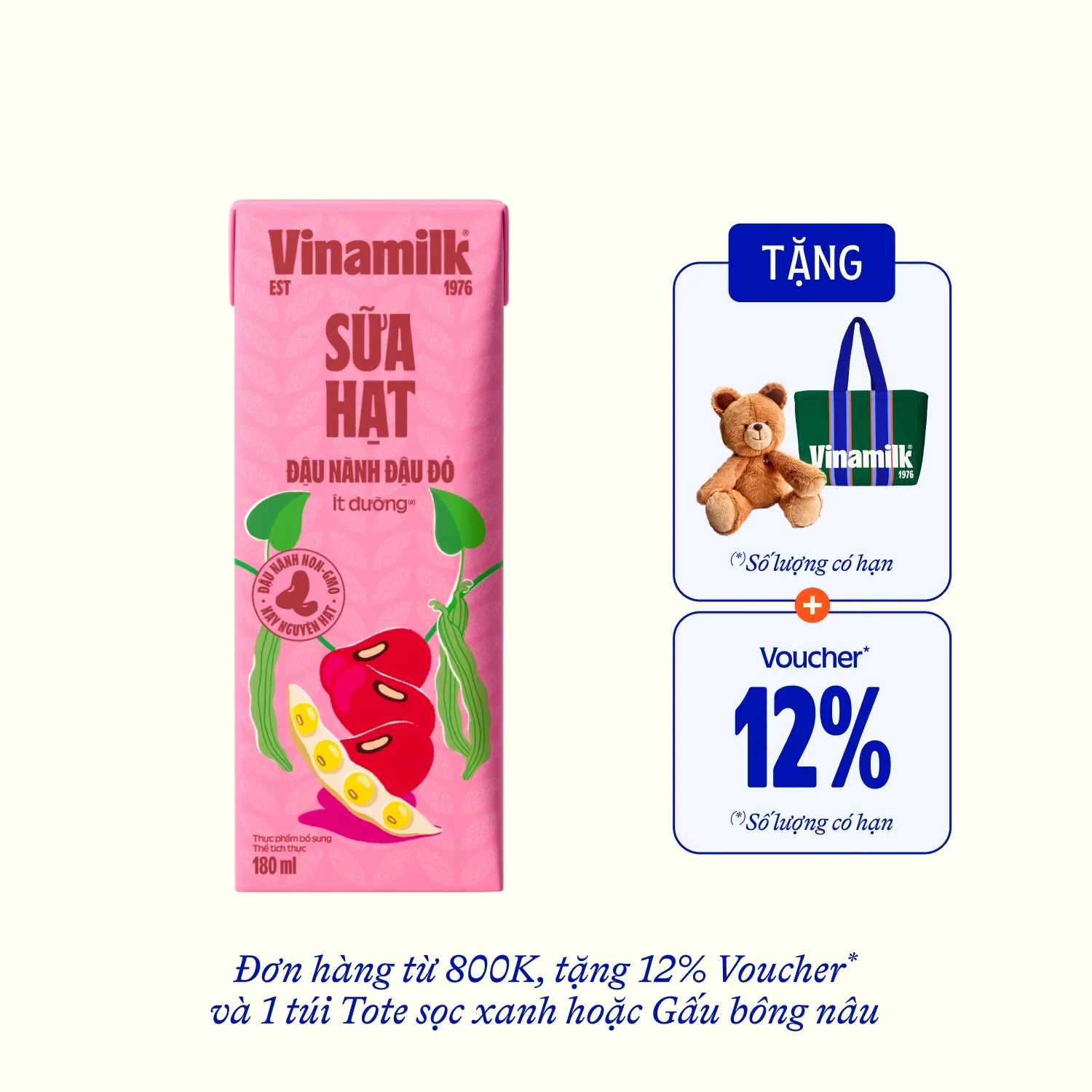 Sữa hạt Vinamilk Đậu nành Đậu đỏ 180ml Thùng 48 hộp