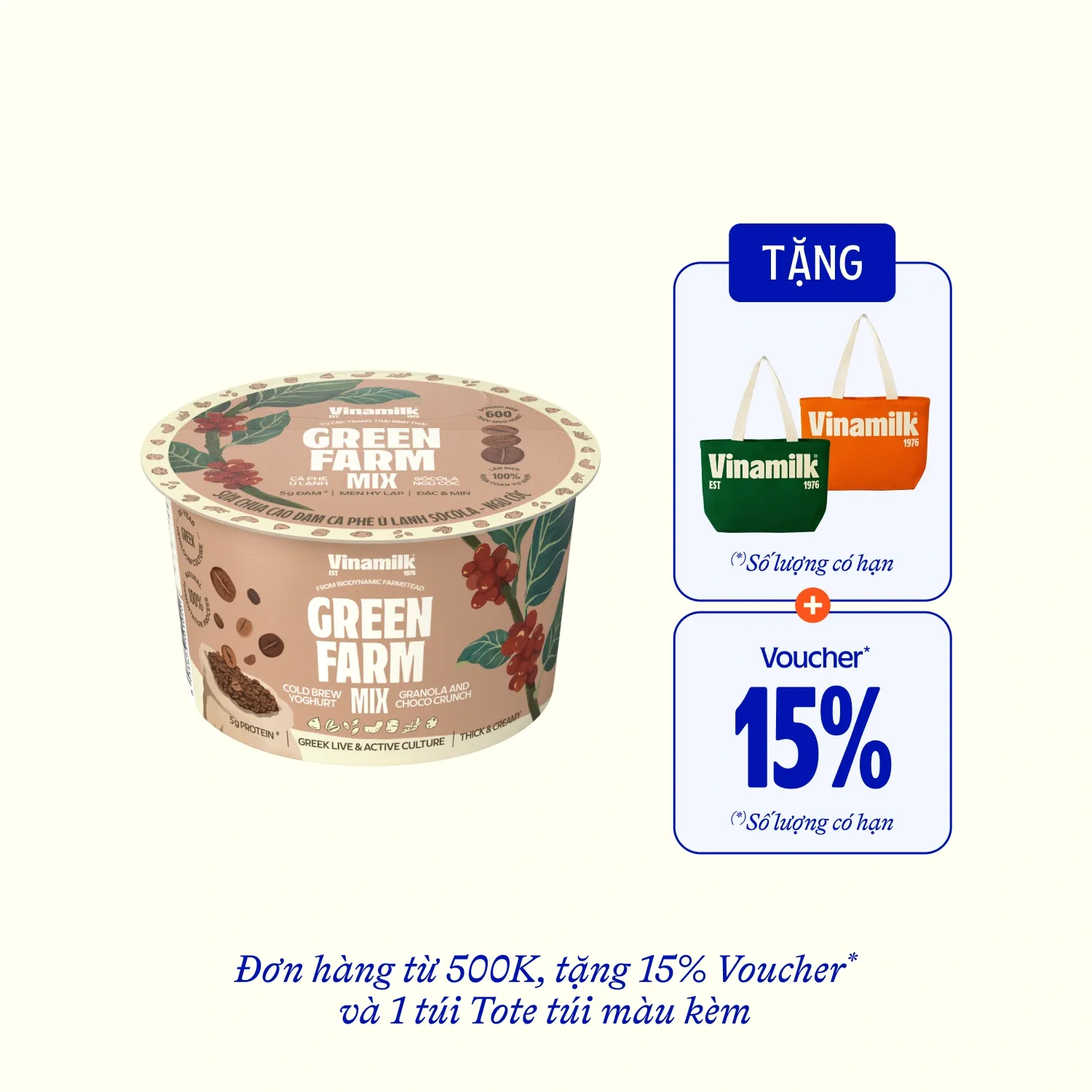 Sữa chua ăn Green Farm Cao đạm cà phê ủ lạnh socola ngũ cốc 121g Thùng 16 hộp