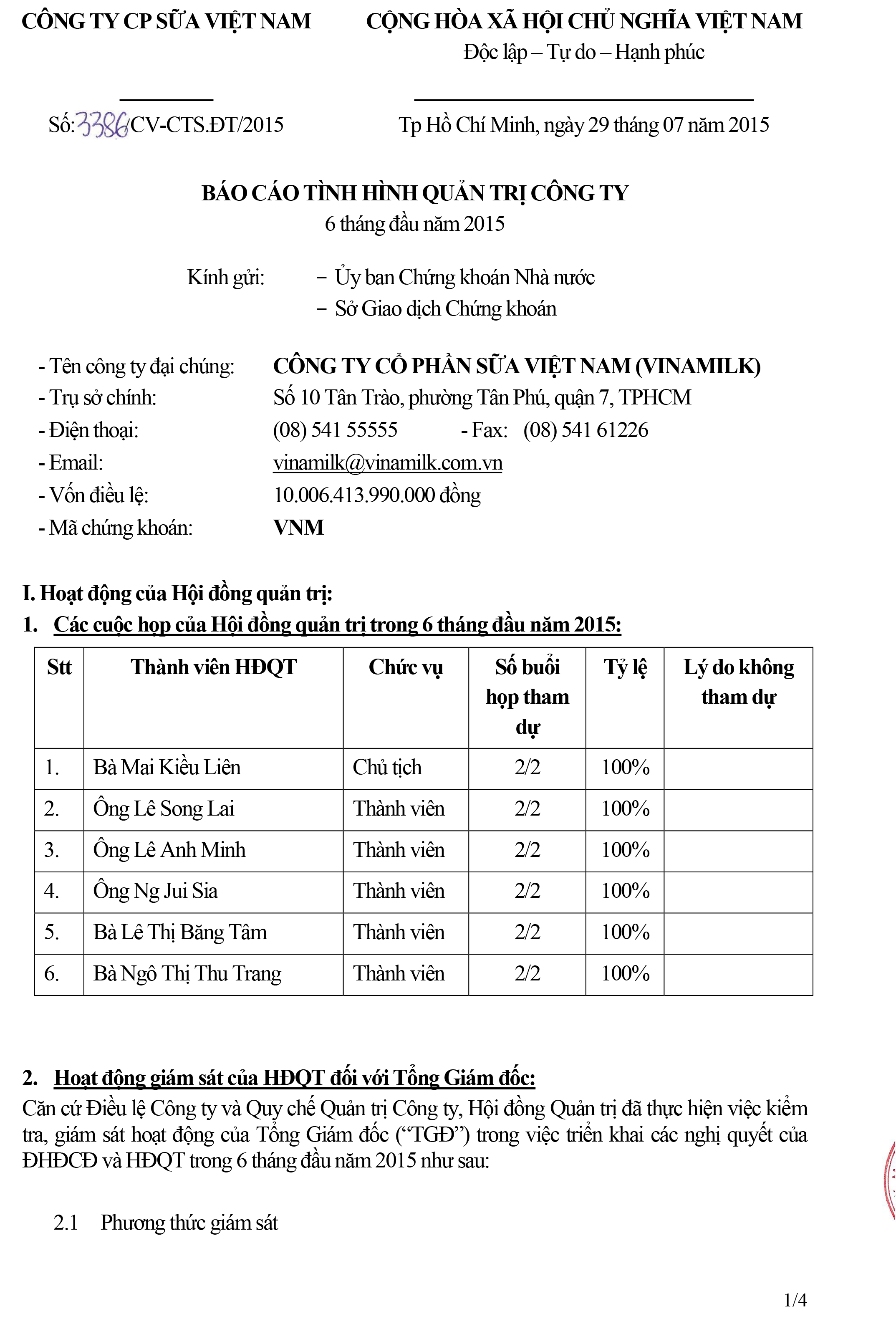 Báo cáo tình hình quản trị Công ty 6 tháng đầu năm 2015. 1