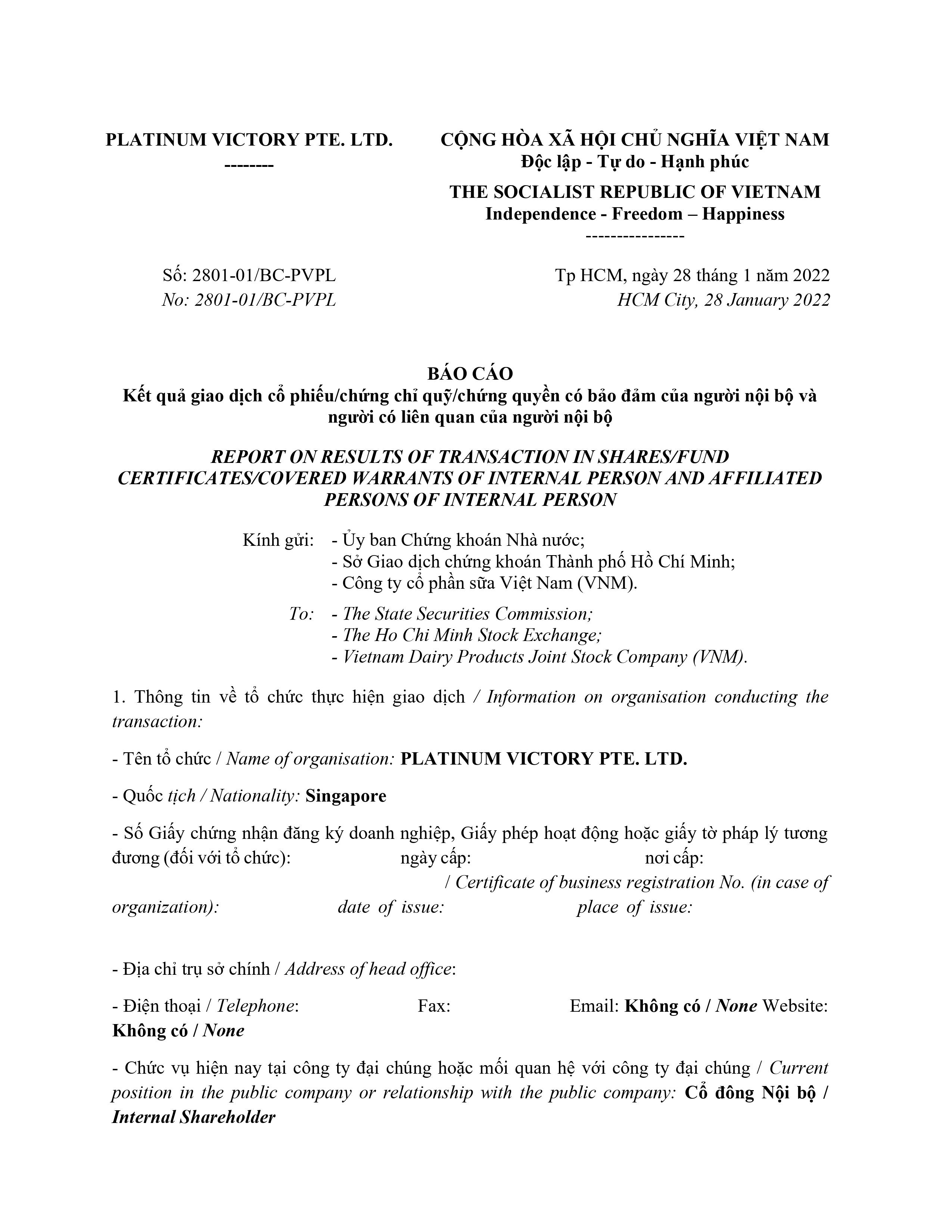 Report on results of transaction of internal person from   PLATINUM VICTORY PTE. LTD. 1