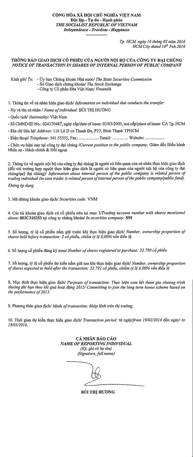 Notice of transaction in shares of internal person of public company - Bui Thi Huong 1