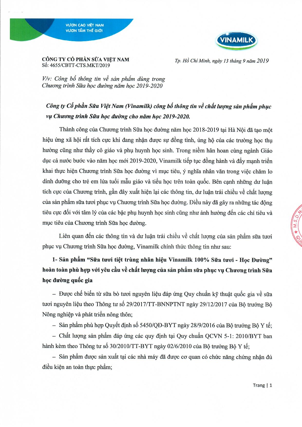 Công bố thông tin về sản phẩm dùng trong Chương trình Sữa học đường 1